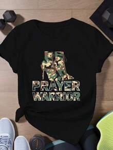 Zapatos de Camuflaje Prayer Warrior, Camiseta Deportiva de Manga Corta para Mujer, Camiseta de Algodón - Negro - Ver 7