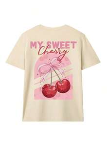 Camiseta oversize con estampado gráfico de cerezas y lazos, estilo Y2K estético para mujer. Camiseta casual de verano, suave y transpirable, de estilo lindo y manga corta para uso diario, vacaciones en la playa, vuelta al colegio y salidas de fin de semana - Albaricoque - Ver 2