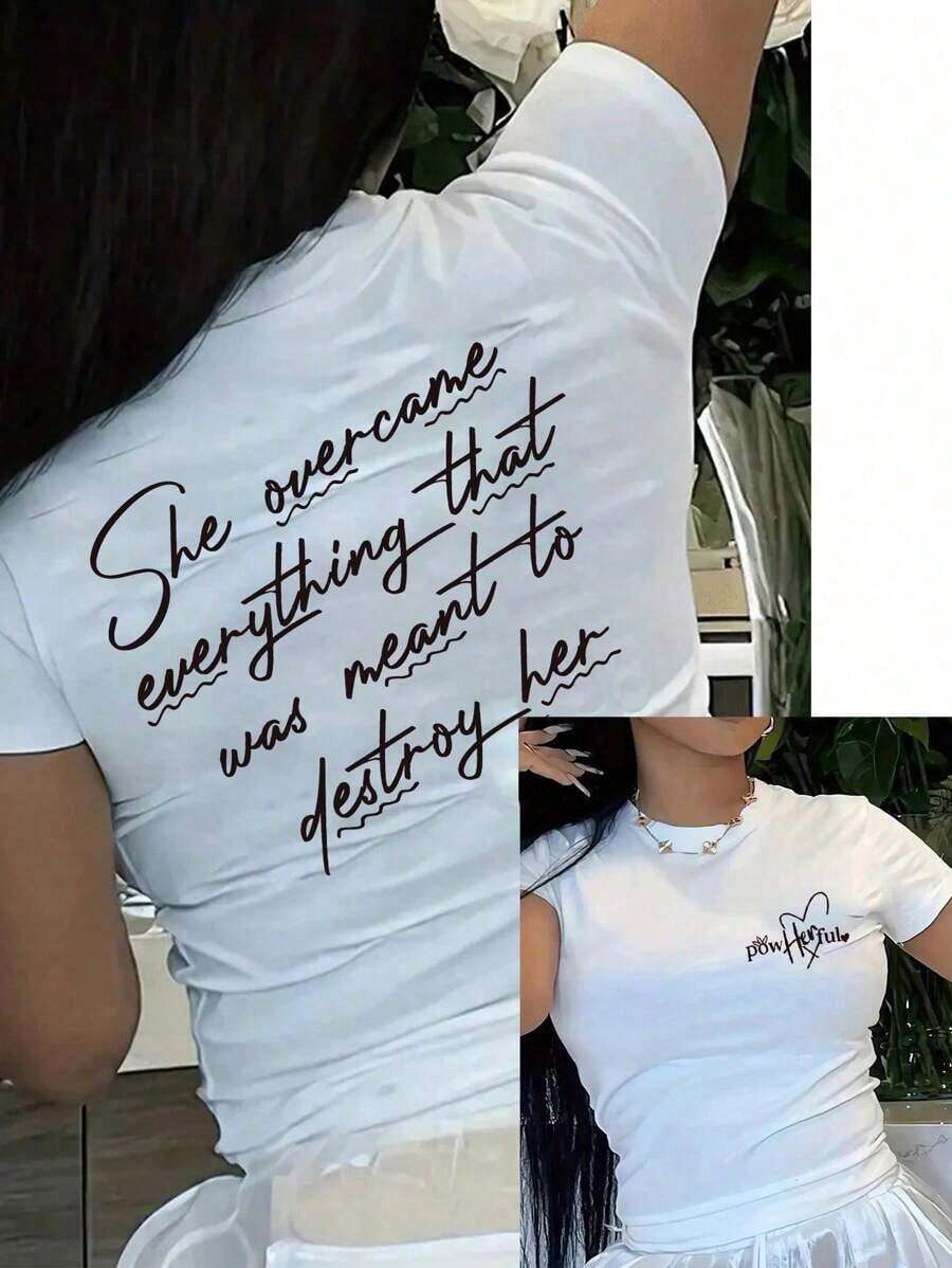 Camiseta Casual de Verano de Manga Corta con Estampado y Eslogan de - Blanco 2 - Ver 1