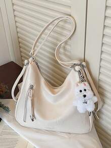 Bolso de hombro de gran capacidad con textura mate retro Merlard 2025, bolso de playa de alta gama, bolso de compras, bolso único con textura, bolso cruzado con cremallera y doble correa - Blanco - Ver 2