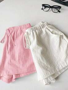 Set de 2 pantalones cortos de mujer con bolsillos y cintura con lazos de unicolor - Rosa Pálido - Ver 5