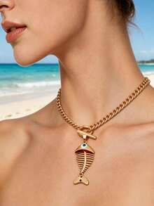 1PC Fishbone Pendant Toggle Choker Necklace, Bold Cuban Chain Statement Necklace - 1PC - View 9