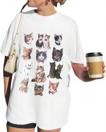 Camiseta de Gato de Talla Grande con Patrón Lindo para Mujer, Camiseta Divertida Y2k, Camiseta Holgada Estética, Regalo para Amantes de Gatos, Top Kawaii - Albaricoque - Ver 7