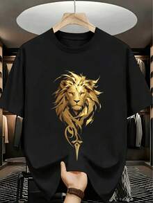 Men's Summer T-Shirt, American And Modern Style, Gold Lion Head Print, Short Sleeve, Modern And Eye-Catching Premium Feel, Suitable For Casual Daily Wear/Outdoor Sports/Parties/Dates, Affordable And Non-Collision Creative Gift For Boyfriend - 黑色 - 查看 12