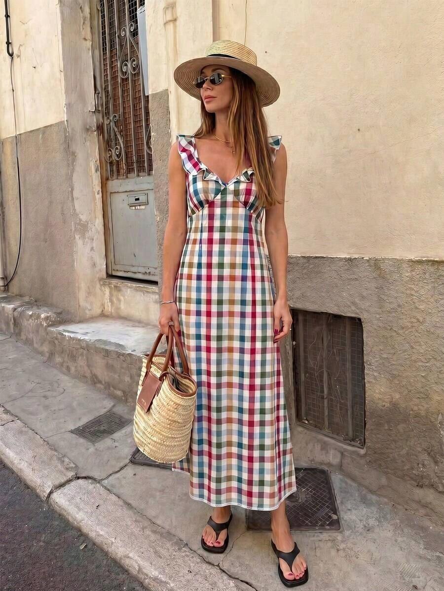 Vestido con cuello de corazón, volantes en el bajo y estampado de cuadros para mujer - Multicolor - Ver 1