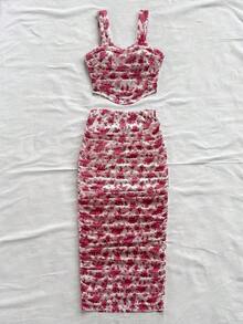 Conjunto de top camisola con estampado floral diminuto y falda mini plisada para mujer, estilo vacaciones, atuendos de playa, atuendos de primavera y verano para mujeres, festival de música del oeste, atuendos bohemios de vacaciones Boho - Multicolor 3 - Ver 3