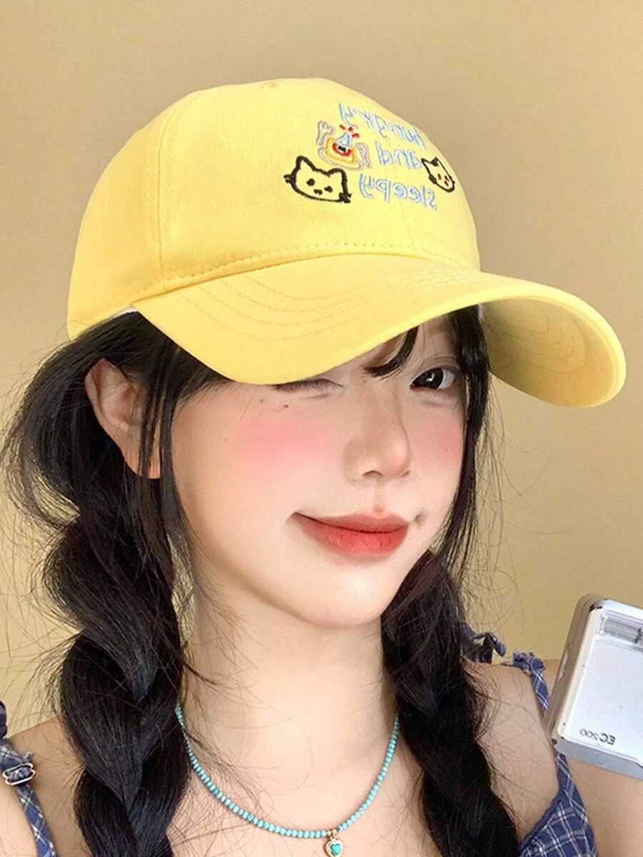 1顶猫咪字母刺绣棒球帽,宽帽檐,适合圆脸,日常及户外佩戴皆宜。 - 彩色 - 查看 1