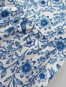 Mini Summer Sleeveless Mini Dress With Blue And White Floral Print - A-Line Dress With Pleated Waist And Ruffled Hem - Casual Everyday Wear - Suitable For Easter Decoration, Easter Outfit, Party, Elegant Gathering, Summer Beach Vacation - 黑色 - 查看 6