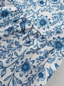 minisummer Vestido mini sin mangas con estampado floral azul y blanco - Vestido de línea A con cintura plisada y volante en el bajo - Uso casual diario - Adecuado para decoración de Pascua, atuendo de Pascua, fiesta, reunión elegante, vacaciones de verano en la playa - Azul 4 - Ver 6