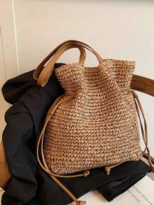This Solid Color Crochet Woven Tote Bag Features A Drawstring PU Shoulder Strap, Making It A Perfect Choice For Beach Vacations, Weekend Outings, And Casual Daily Use. - Khaki - View 8