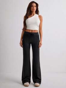 Women's Casual Commuting Minimalist Solid Color Elastic Waist Flare Pants - Black - View 5