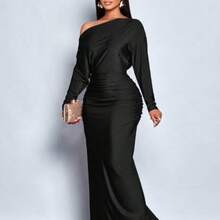 Fengyu Women's Clothing Store  Vestido ajustado de manga larga con cuello asimétrico y fruncido, elegante para mujer, adecuado para fiestas de Navidad, vacaciones y citas - Negro - Ver 1