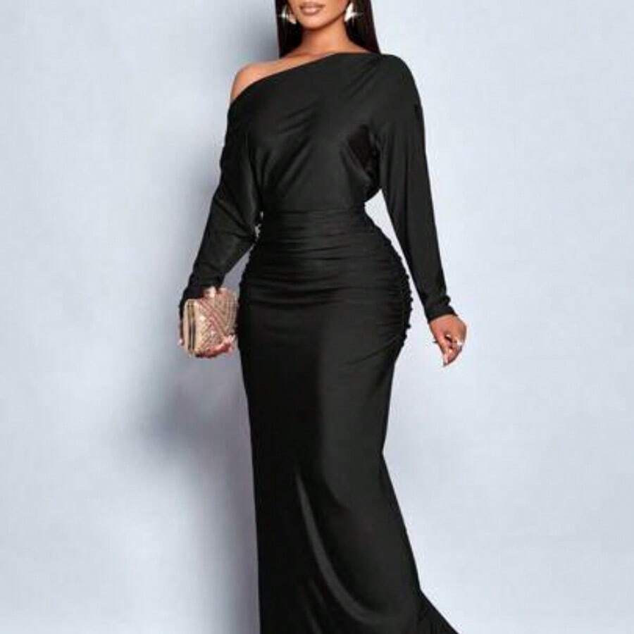 Fengyu Women's Clothing Store Vestido ajustado de manga larga con cuello asimétrico y fruncido, elegante para mujer, adecuado para fiestas de Navidad, vacaciones y citas - Negro - Ver 1