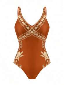 Swim Oasis Traje de baño de una pieza sexy con estampado floral para mujer, adecuado para la playa, citas, fiestas, primavera/verano, resort de moda de alta gama - Naranja - Ver 4