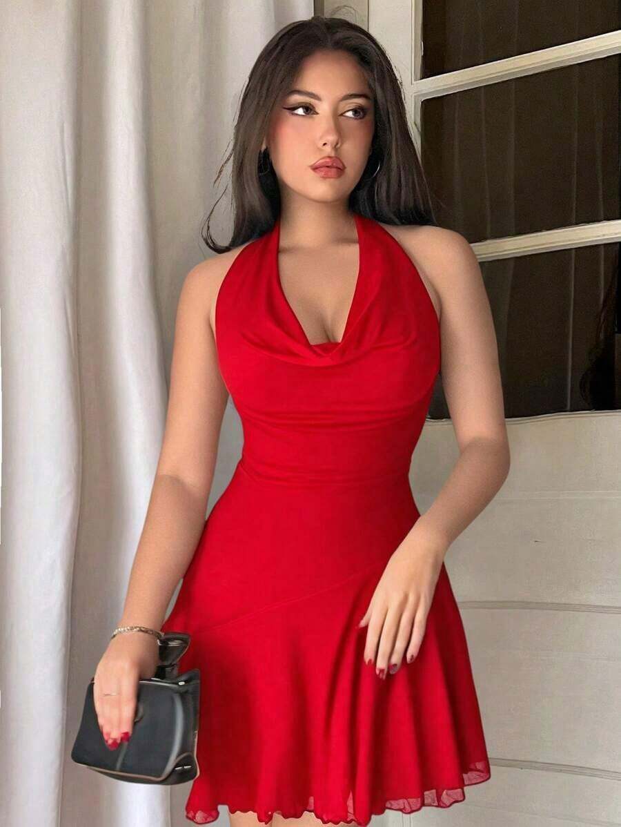 Elegante, romántico y sexy vestido corto de fiesta con cuello en V, cintura fruncida, bajo asimétrico y efecto halter en color rojo, para primavera/verano, festivales y San Valentín - Rojo - Ver 1