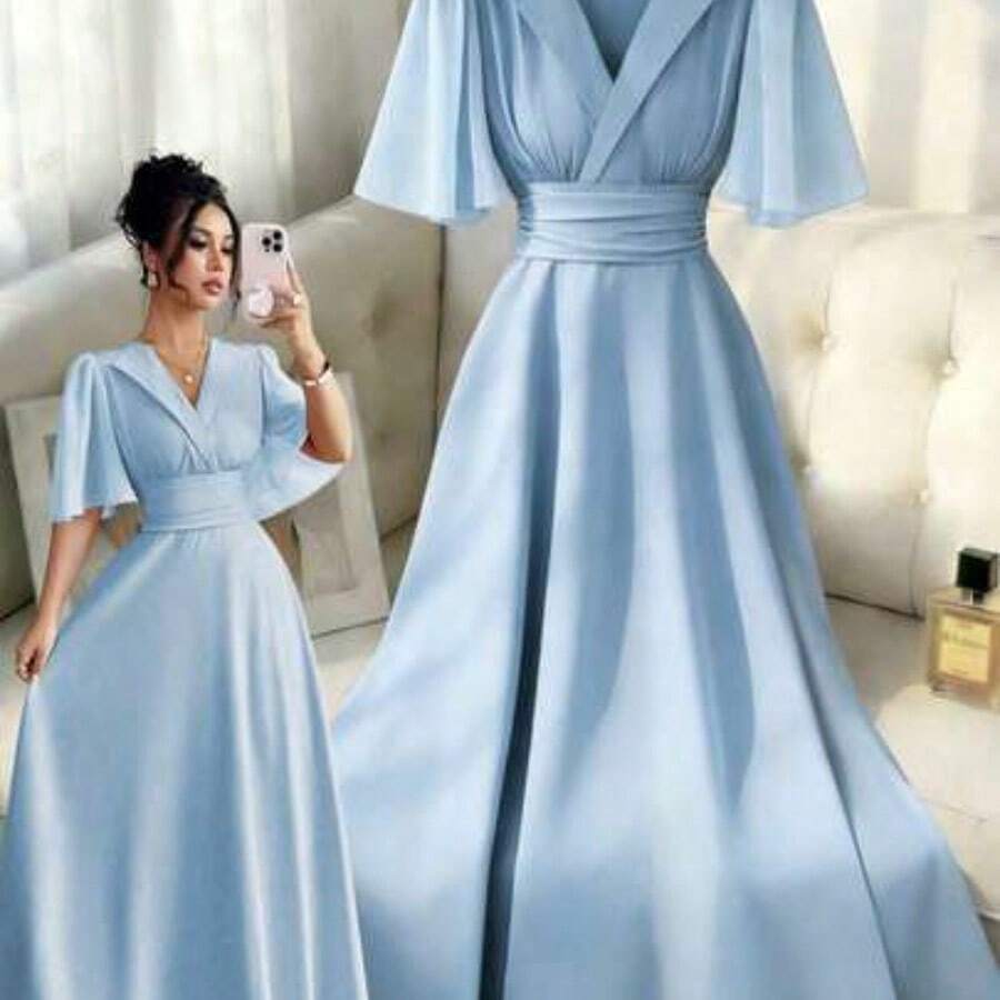 guangzhougaolangshangmao  Nuevo vestido casual, elegante y de vacaciones para mujer con diseño de cuello, cintura plisada, parche de gasa y mangas con volantes - Celeste - Ver 1