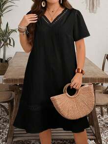 Vestido casual de manga corta con cuello en V para mujer de talla grande - Negro - Ver 5