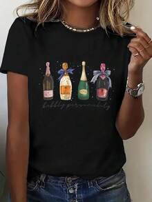 1 pieza de playera  para hombre y mujer, 100% algodón puro, cuello redondo casual con estampado, manga corta transpirable para uso diario, dise?o de letras con estampado de cartón de champán para mujeres - Negro - Ver 1