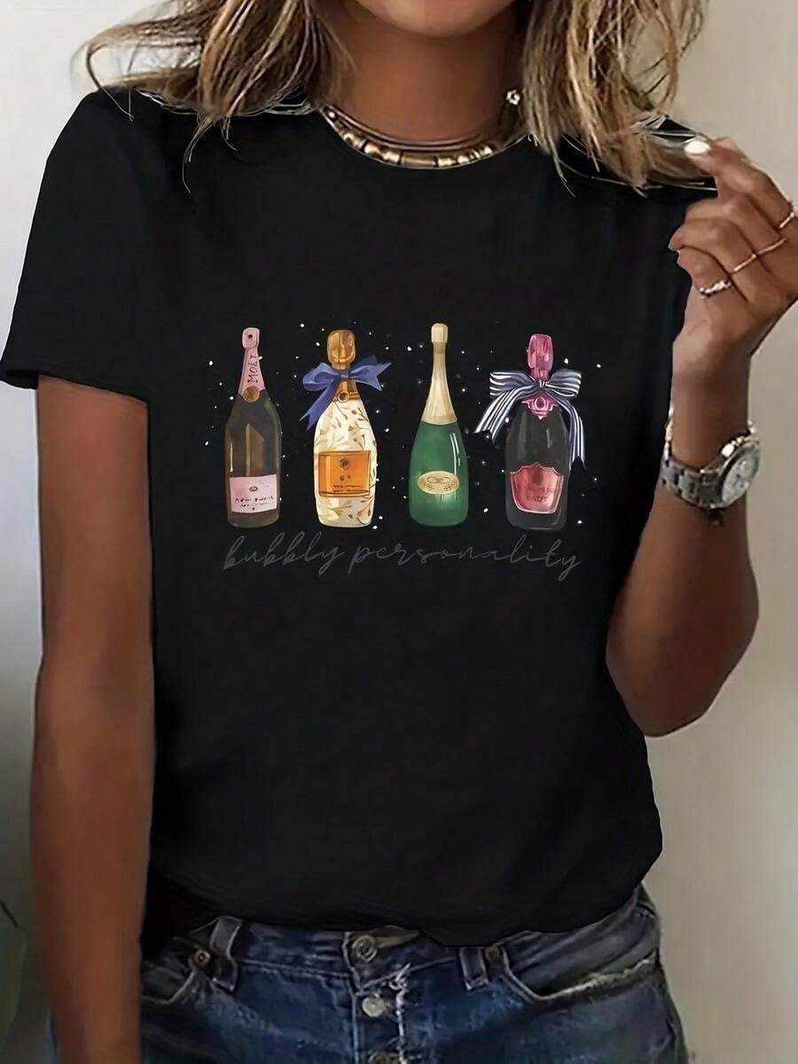 1 pieza de playera para hombre y mujer, 100% algodón puro, cuello redondo casual con estampado, manga corta transpirable para uso diario, dise?o de letras con estampado de cartón de champán para mujeres - Negro - Ver 1