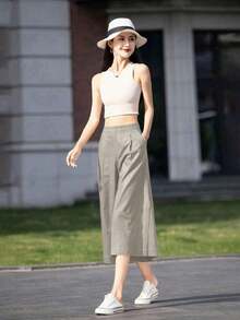 Pantalones de mujer de verano de unicolor, casuales, de pierna ancha y holgados de 7/4 de largo, con bolsillos, adecuados para uso casual diario, al aire libre y de vacaciones - Gris Claro - Ver 6