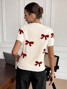 Blusa de punto casual de cuello redondo, manga larga, con detalle de lazo - Burdeos - Ver 2