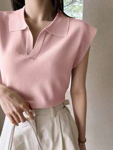 Suéter holgado de punto de unicolor con cuello, estilo casual y de negociospara mujer - Rosa - Ver 2