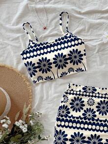 Conjunto informal de vacaciones de 2 piezas con top de tirantes finos de color negro sólido y falda con estampado completo de leopardo y abertura alta en el bajo, adecuado para salir - Multicolor 4 - Ver 6