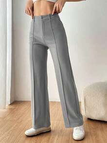 Pantalones de traje de mujer con bolsillos laterales sesgados, líneas de costura visibles para otoño/invierno - Gris - Ver 7