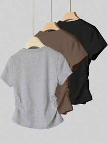 Set de 3 piezas de blusas para mujer para exteriores, en rojo, negro y blanco, nuevas llegadas de verano, camiseta ajustada con pliegues, de estilo elegante y versátil, de vuelta al colegio, que llama mucha la atención, camiseta de manga corta de v - Multicolor 16 - Ver 2