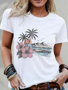 Camiseta de mezcla para mujer con estampado de puesta de sol tropical y flores de hibisco - Adecuada para vacaciones, estilo casual de playa en verano, camiseta de mezcla con diseño gráfico a la moda. - Blanco - Ver 8