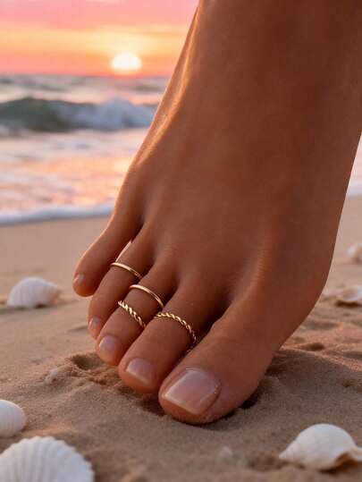 Set van 4 minimalistische metalen teenringen, geschikt voor strand, feestjes, zomeruitjes, sieradenaccessoires.