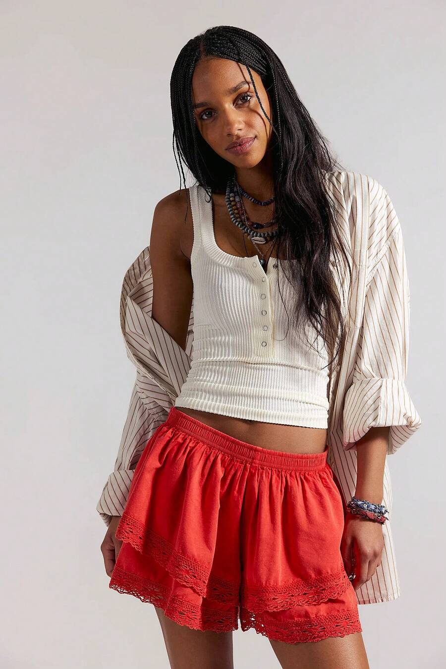 Womens Layered Ruffle Bloomers Elastic Waist Solid Color Shorts Summer Mini Shorts Red Polyester with Floral Lace Trim Frilly Lolita Shorts - Rojo - Ver 1