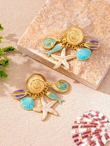 1 par de pendientes con colgante de concha y estrella de mar, adecuados para fiestas, reuniones, uso diario, vacaciones en la playa, regalo versátil para mujeres - Amarillo Oro - Ver 3