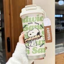 Miniso Cốc cà phê giữ nhiệt bằng thép không gỉ hình Snoopy màu xanh lá cây, có quai xách, nắp chống tràn, thiết kế uống kép, bền chắc, thích hợp sử dụng hàng ngày. - Nhiều màu - Xem 1