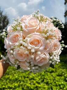 1件白色新娘婚禮花束 仿真珍珠蕾絲玫瑰花束 附緞帶 新娘伴娘婚禮儀式海灘婚禮拍照道具 - 彩色 - 查看 8