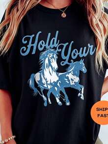 Camiseta 'Hold Your Horses', Camisetas Vaqueras Country Western para Mujer, Camiseta Retro Boho, Camiseta Gráfica Estética de Talla Grande Estilo Hippie, Camiseta Clásica de Algodón Grueso de Manga Corta, Camiseta Gráfica Estampada, Camiseta Casual de Manga Corta para Mujer - Negro - Ver 1