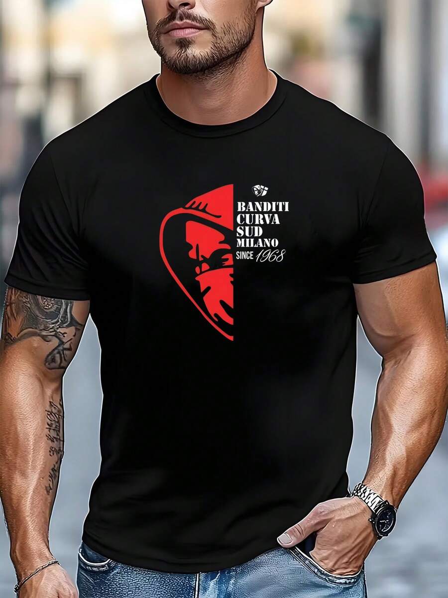 "BANDITI CURVA SUD MILANO SIN 1968" Short-Sleeved T-Shirt With A Round Neck And A Creative Print Featuring The Silhouette Of The South Stand Devil. A Personalized And Versatile Casual Garment For Football Fans, Suitable For Everyday Wear And For Going To Work. - 黑色 - 查看 1