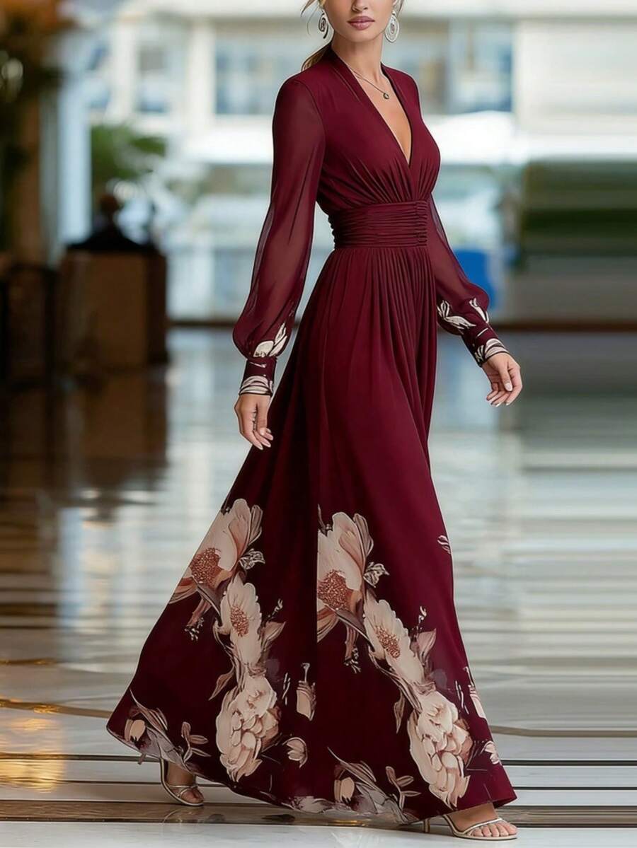 Vestido largo francés ajustado con malla combinada estampado primavera 2026 - Rojo - Ver 1