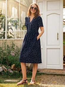 Dayvera Vestido largo de verano casual de mujer con estampado de lunares y cuello con muesca - Blanco y Negro - Ver 12