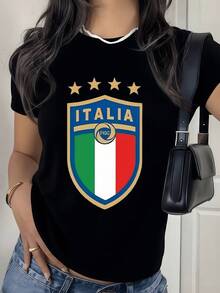 Italian Badge With Gold Stars And The National Colors Green, White And Red, Symbol Of Pride And Sporting Tradition, Modern Women's T-Shirt Ideal To Show Your Passion For Italian Football. - 黑色 - 查看 8