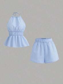 Nuevo conjunto de 2 piezas de mujer con top halter con lazos y shorts a rayas con espalda descubierta, adecuado para vacaciones de verano - Gris - Ver 3
