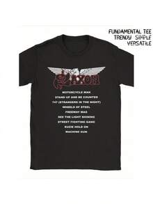 Camiseta de estilo retro americano de verano, camiseta divertida para hombre con estampado del logo de la banda de heavy metal Saxon e iconos.| Camiseta casual de manga corta, cuello redondo, con licencia oficial, lavable a máquina, adecuada para todas las estaciones.Camiseta casual de moda con diseños divertidos. - Negro - Ver 1