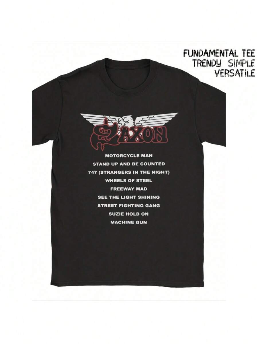 Camiseta de estilo retro americano de verano, camiseta divertida para hombre con estampado del logo de la banda de heavy metal Saxon e iconos.| Camiseta casual de manga corta, cuello redondo, con licencia oficial, lavable a máquina, adecuada para todas las estaciones.Camiseta casual de moda con diseños divertidos. - Negro - Ver 1
