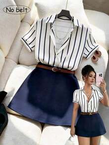 Conjunto de 2 piezas de mujer con camisa tipo cárdigan a rayas y falda de talle alto en línea A, para uso casual y de oficina, para primavera/verano - Azul marino - Ver 8