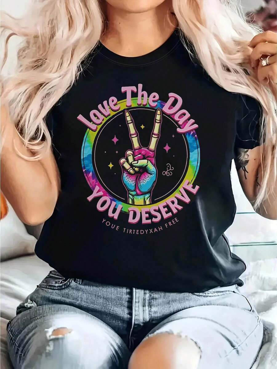Camiseta con Estampado de Gesto de Paz "Ama el Día QUE TE MERECES" para Mujer, Camiseta Casual de Manga Corta y Cuello Redondo para Primavera/Verano, Uso Diario Casual, Regalo para Fiestas - Negro - Ver 1
