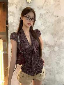 Áo sơ mi nữ tay ngắn chấm bi, kiểu dáng thanh lịch kiểu Pháp. - Cà phê nâu - Xem 7