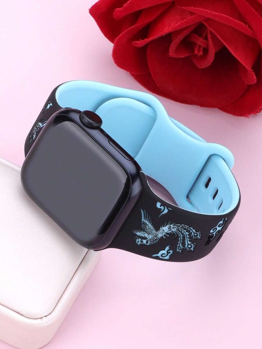 雕花凤凰吉祥鸟图案表带,兼容 40mm、41mm、42mm、44mm、45mm、46mm、49mm 表款。柔软舒适,休闲运动两相宜的硅胶表带,兼容 Series Ultra/11/9/8/7/6/5/4/3/SE。复古纹身风格智能手表表带,男女皆宜。 - 黑色錶帶配冰藍色鳳凰 - 查看 1