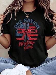 1 pieza Camiseta Patriótica con Bandera Americana "Una Nación Bajo Dios" para Mujer, para Celebración del Día de la Independencia 4 de Julio, Camiseta Gráfica Casual, 220g/180g Algodón 100%. - Negro - Ver 1