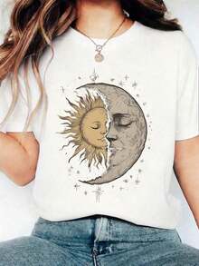 1 pieza de camiseta gráfica de verano con diseño vintage de sol y luna, camiseta casual de manga corta con cuello redondo para mujer, 180g 100% algodón. - Negro - Ver 1