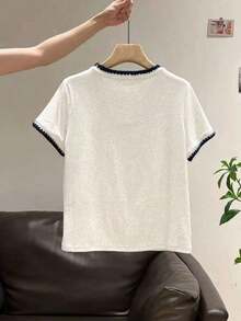 Camiseta de manga corta casual de mujer con cuello en V y ribete de contraste - Gris 2 - Ver 2
